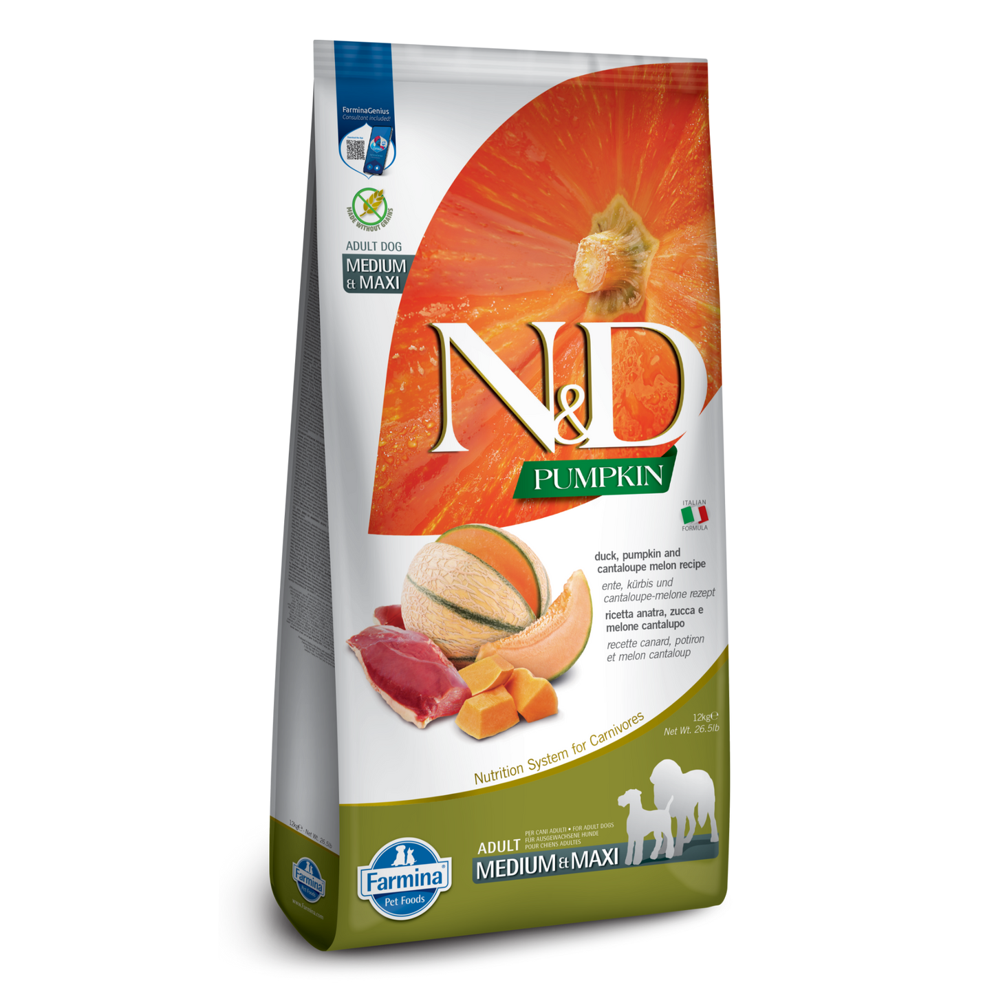 Farmina N&D Pumpkin Grain Free Duck, Pumpkin & Cantaloupe Medium & Maxi Adult Dry Dog Food